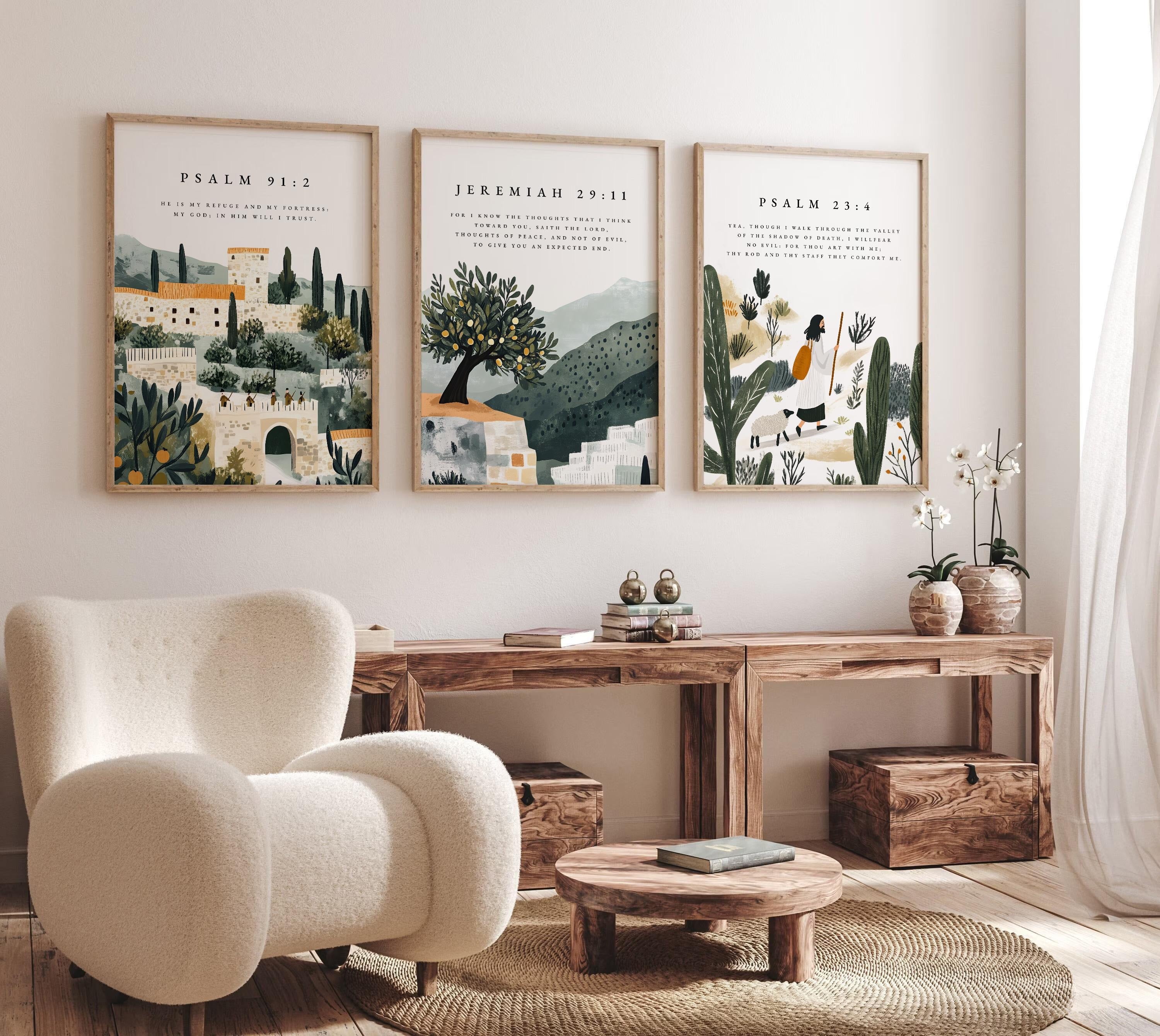 Set of 3 Bible Verse, Psalm 23:4, Jeremiah 29:11, Psalm 91:2, Jesus painting, Print, Jesus portrait, Jesus wall art, Inspirational quotes